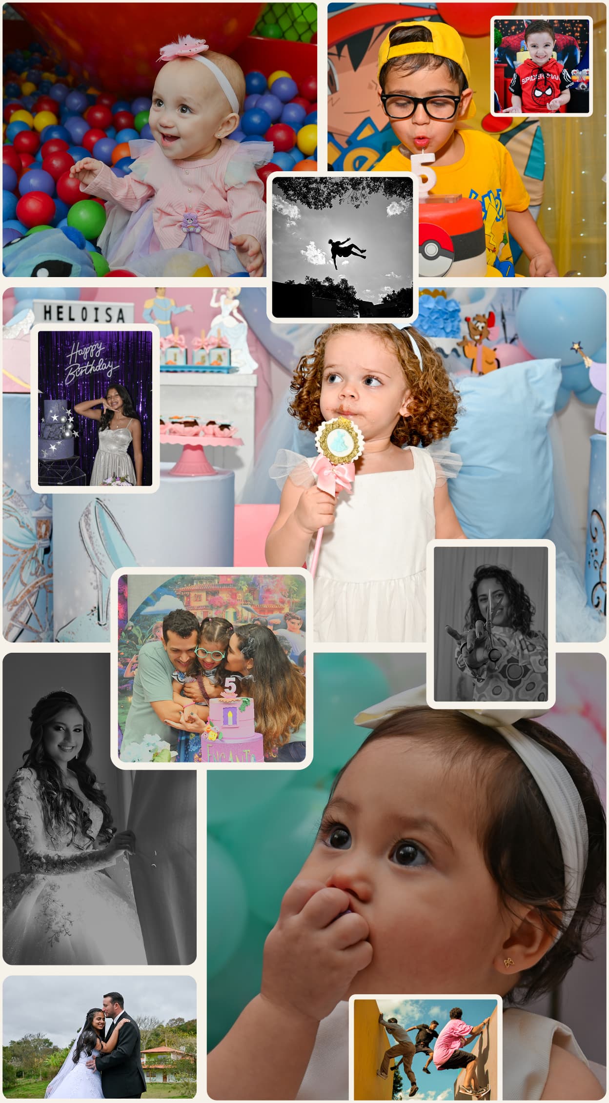 Colagem vertical de fotografias com crianças e famílias em festas, retratos e cenas espontâneas, adaptada para visualização móvel.